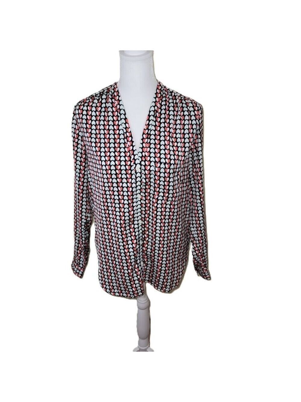 GAP V-Neck Blouse Red & Blue Heart Pattern Long Sleeves Flowy Women's Size XS
